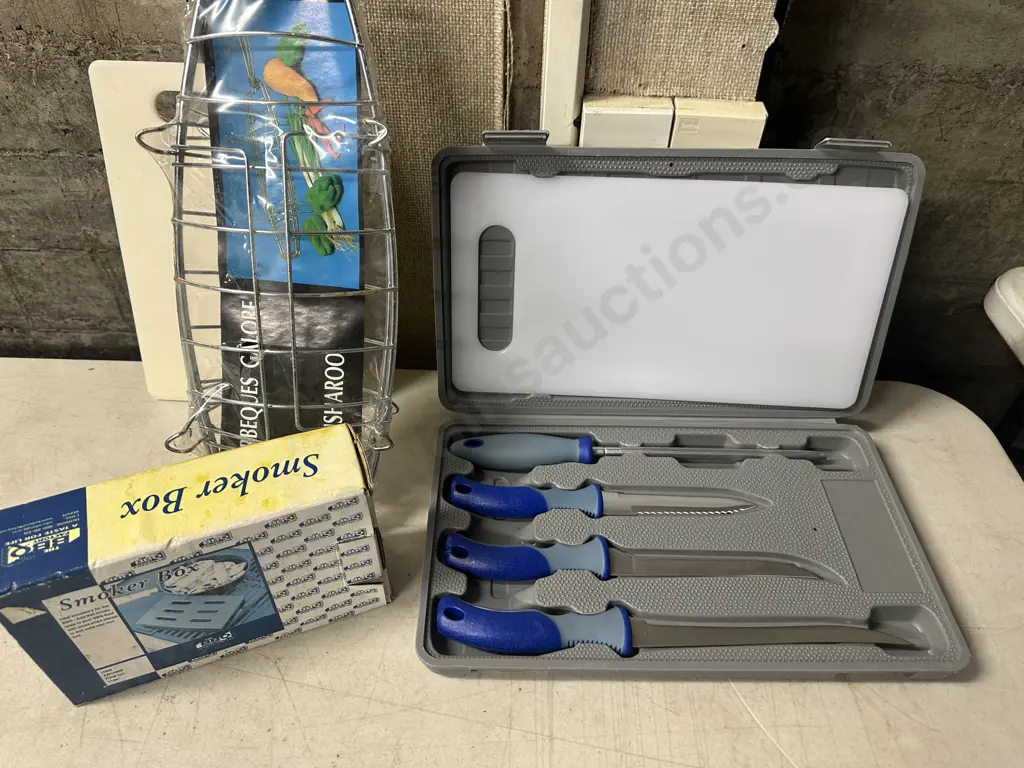 Anglers Mate Knife Set, Barbeque Fish Rack & BBQ Factory Cast Smoke Box Image 1++