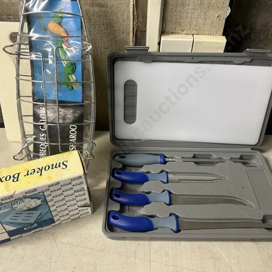 Anglers Mate Knife Set, Barbeque Fish Rack & BBQ Factory Cast Smoke Box