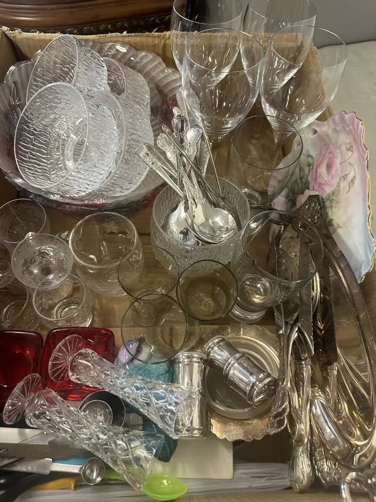Box Lot Assorted Crystal, China, Silverware Etc Image 1++