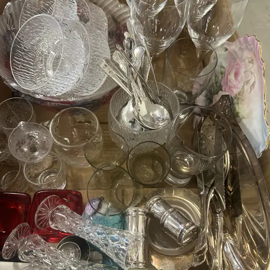 Box Lot Assorted Crystal, China, Silverware Etc