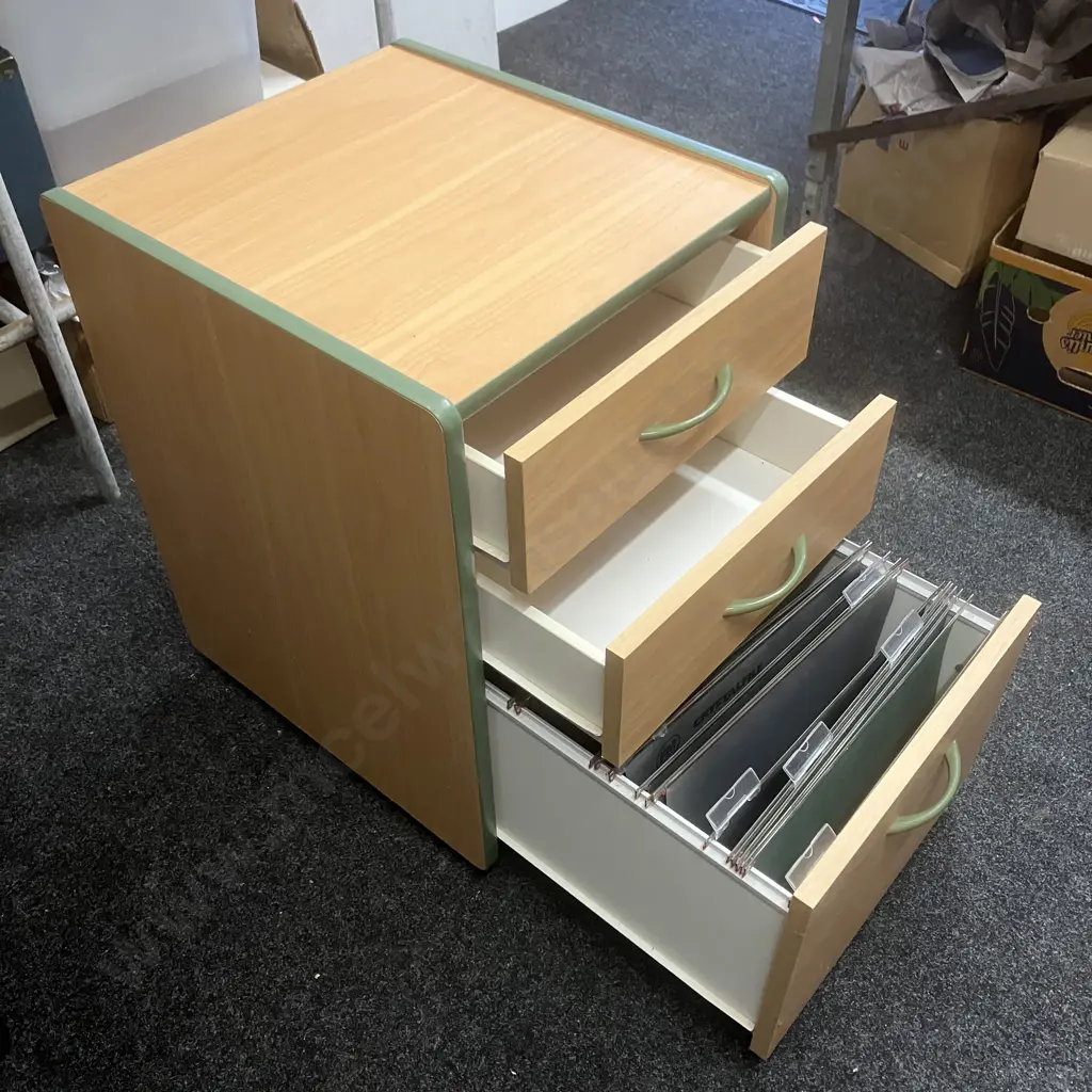 Wood Effect With Green Trim 3 Drawer Mobile Filer With Small 80cm Bookcase Image 1++