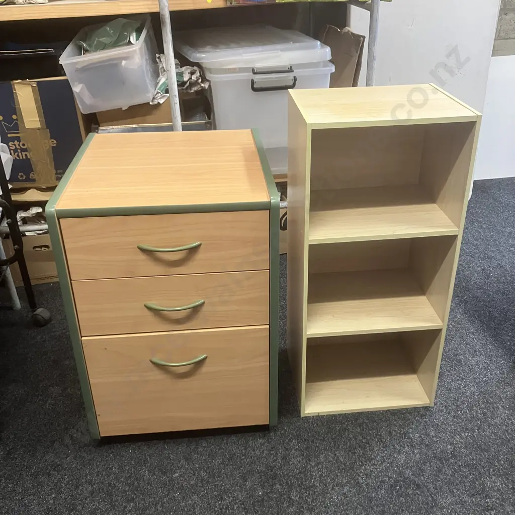 Wood Effect With Green Trim 3 Drawer Mobile Filer With Small 80cm Bookcase Image 1++