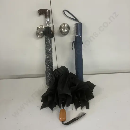 Vintage Wooden Handle Marks & Spencer St Michael Compact Umbrella With 2 Other Compact Umbrellas