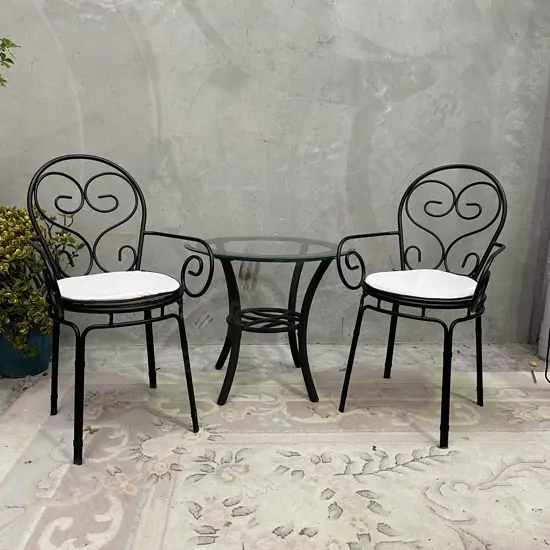 3 Piece Outdoor/Indoor Set. Glass top table with metal frame. Black metal framed chairs, excellent condition