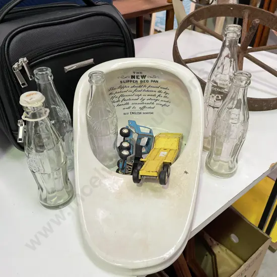Antique Ceramic Slipper Bed Pan (af), Assortment of Coke Bottles and Tonka Truck