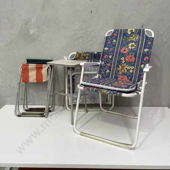 Assorted Folding Camp Chairs and kitchen stool
