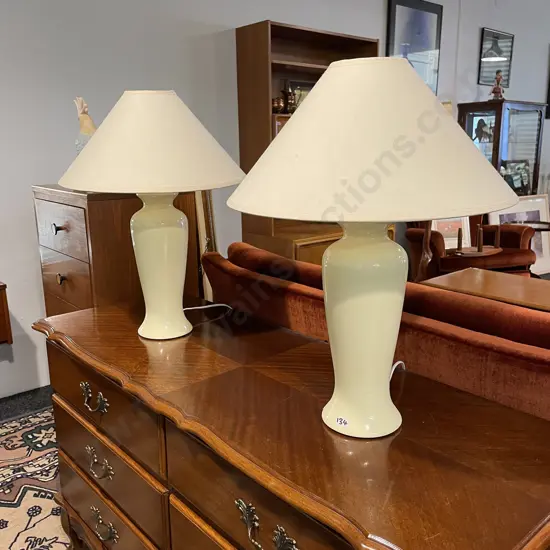 Pair of Cream Painted Ceramic Table Lamps with Fabric Shade. H56cm