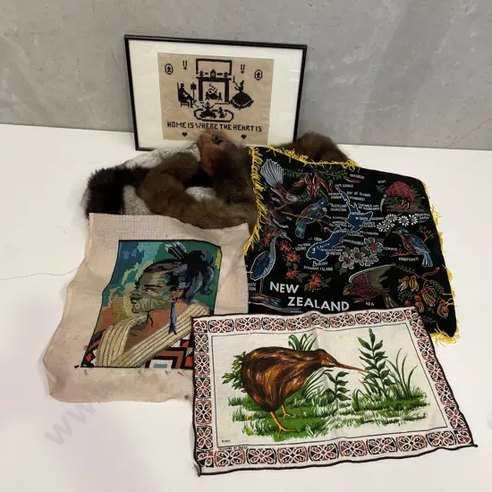 Assorted Vintage Fur Collars with tapestry and Kiwiana Linen