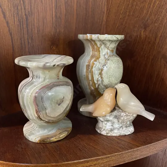 Pair of Marble Vases and Bird Figurine