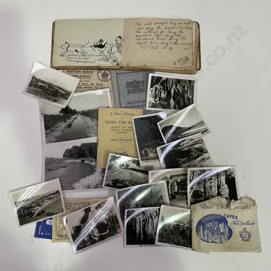 Selection of Collectable items including early photographs of NZ, Ration book, Autographs etc