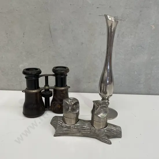 Collectable items including MH Owl Salt/Pepper, Antique London Binoculars and Silver Vase (spade stamp)