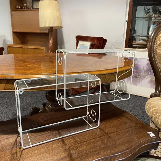 Vintage Retro Wall Hung Shelf Unit. White painted ornate metal frame with glass shelves