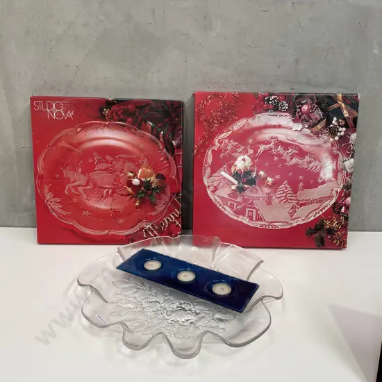 3 x Large Moulded Glass Xmas Platters
