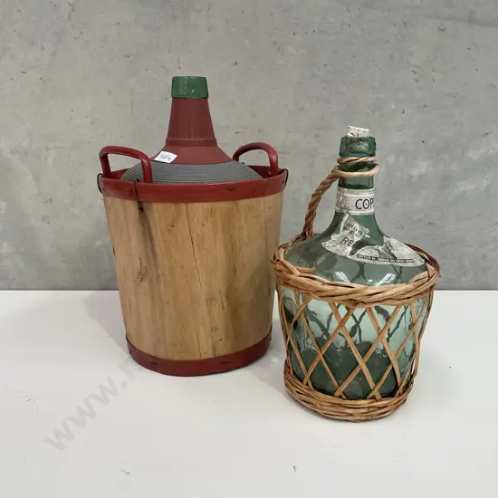 Vintage Wooden Basket Demijohn with wicker framed Copero Bottle