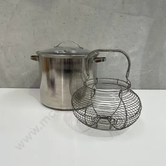 Extra Large Stainless Steel 2 handled lidded stock pot with egg basket