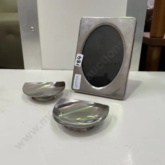 Unmarked Silver picture frame with pair mid century Stelton Danish dishes