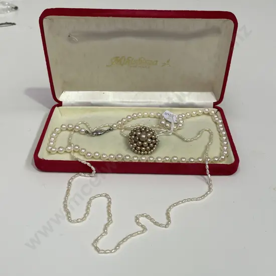 Two Pearl necklaces and brooch, with box