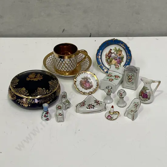 Assortment of Limoges items with miniature dolls house furniture
