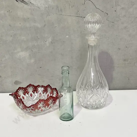 Vintage Heavy Cut Decanter, Ruby Glass Bowl and Vintage Holbrook and Co Bottle