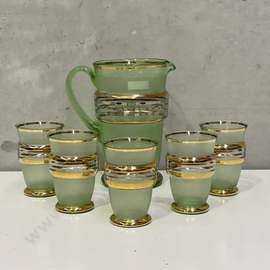 Vintage Retro/Art Deco 6 piece Water Set. Green Glass with gilded linear design