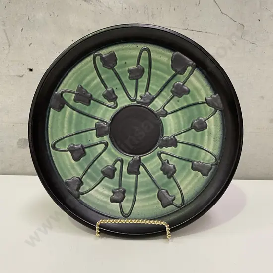 Mid Century Art Pottery Plate. Hand painted, tubelined and relief decoration. Dia30cm