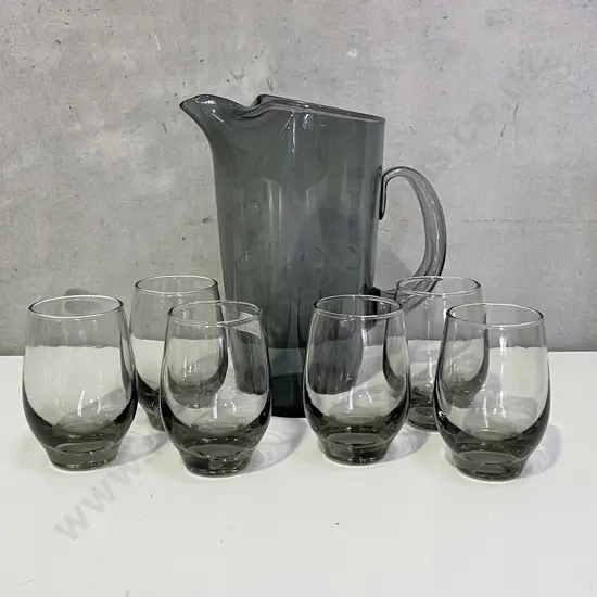 Vintage Mid Century Smoke Glass 7 piece Water Set