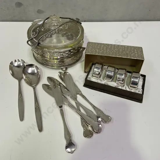 Vintage Pyrex Oven Dish with Silver Plated Holder frame and Asst Rodd cutlery and boxed silver plated serviette rings