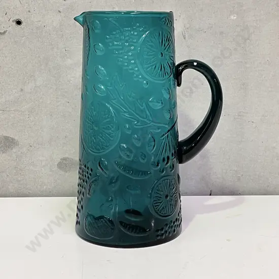 Large Teal Glass Moulded Fruit Water Jug/Vase H25
