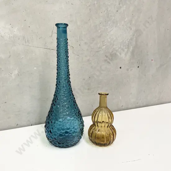 Vintage Italian Glass Bottles. Blue Bubble Genie Bottle with double gourd amber bottle
