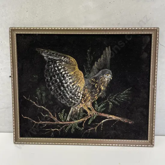 Vintage Retro Artwork. German Morepork by Margaret Scott, painted on velvet. 49 x 41cm