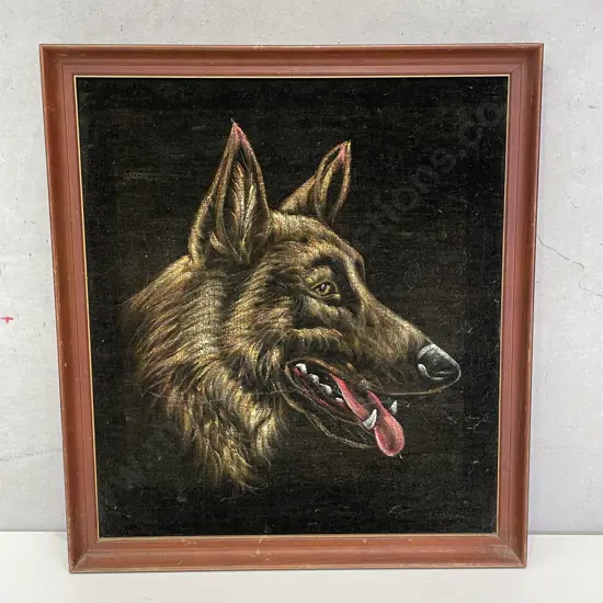 Vintage Retro Artwork. German Shepherd Dog painted on velvet. 55 x 50cm