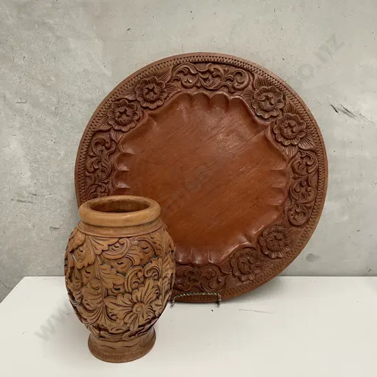 Large Carved Teak Platter/Tray Dia50cm with Vase H25cm