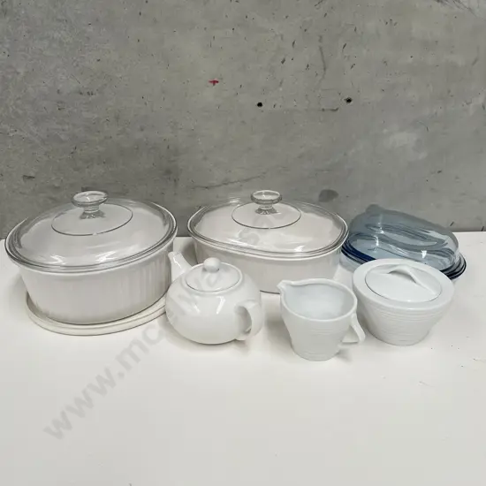Assorted Corning Ware with white ceramic teaware