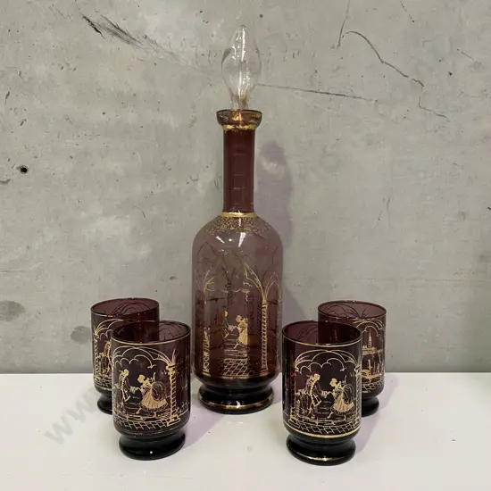Stunning Vintage Retro 5 piece Decanter set. Purple glass with gilded decoration