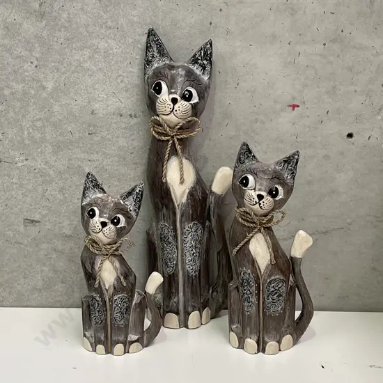 Trio of Ornamental Carved Wooden Cats. Graduating Sizes