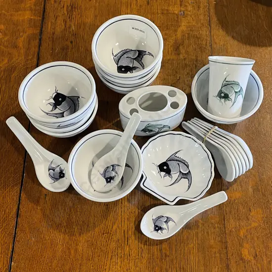 Assortment of Blue Carp Rice Bowls, Spoons, etc