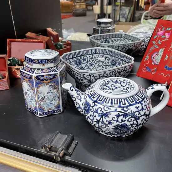 Chinese Blue and White Chrysanthemum Teapot and bowl with hexangonal bird patterned lidded jar