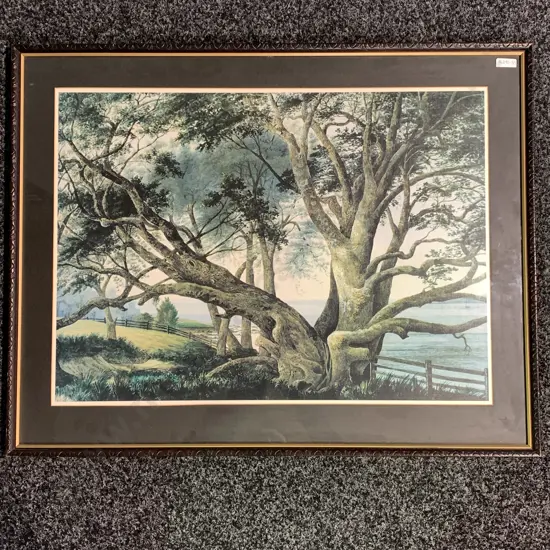 Carved Wooden Framed and Glazed print of Alfred Sharpe's 1876 Watercolour of Pohutukawa at Takapuna Beach