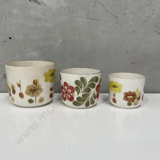 Set of 3 Crown Lynn Hand Painted Plant Pots. Garduated Sizes Tallest 15cm High, some crazing