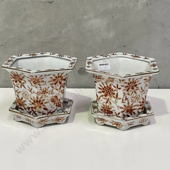 Pair of Decorative Hexagonal Plant pots with under plates. Rust, terracotta and gilded floral decoration. H13 Dia17cm
