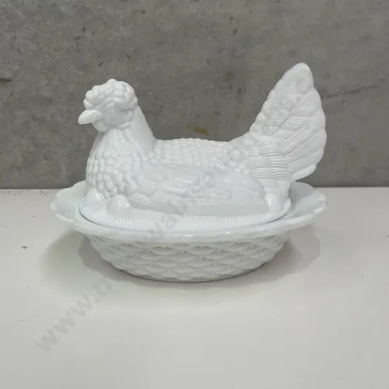 Vintage White Moulded Glass Lidded Chicken Cannister