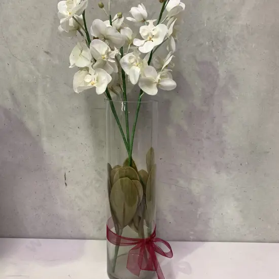 'Impress' Tall Slender Glass Vase With 3 Faux Orchid Stems, H84cm