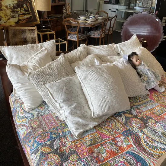 Large Assortment of Cream fabric, calico and crochet cushions