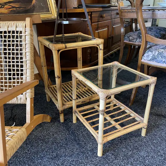 Pair of Cane Glass Topped Occasional Tables