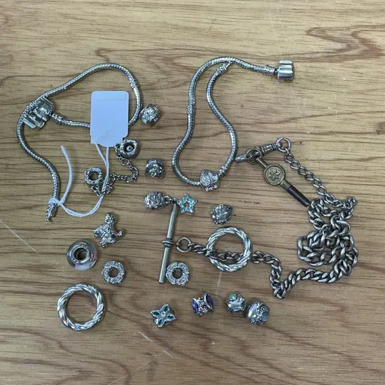 Pandora Style Bracelets x 2 with assorted Charms, some hallmarked. With Fob Chain