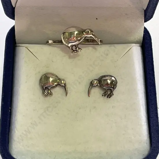 Sterling Silver Kiwi Ring and Earring Set
