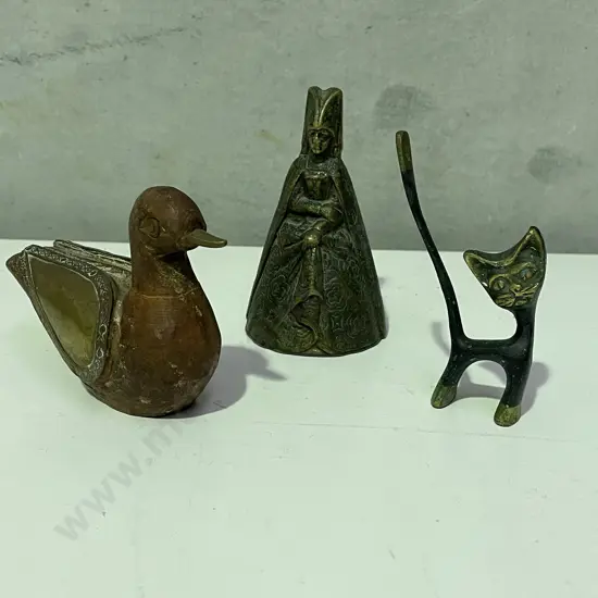 Assorted Vintage Brass Ornaments. Mid Century Cat, Wooden and Brass Duck and Bell