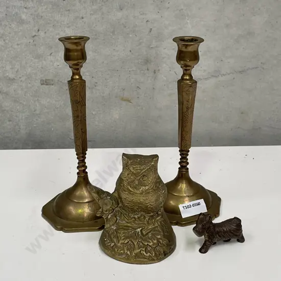 Vintage Brass Candlesticks and Owl. With Bronze Scotty Dog