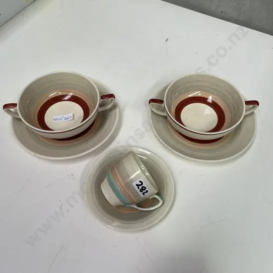 Susie Copper two handled soup and saucers x 2 with Demitasse cup and saucer