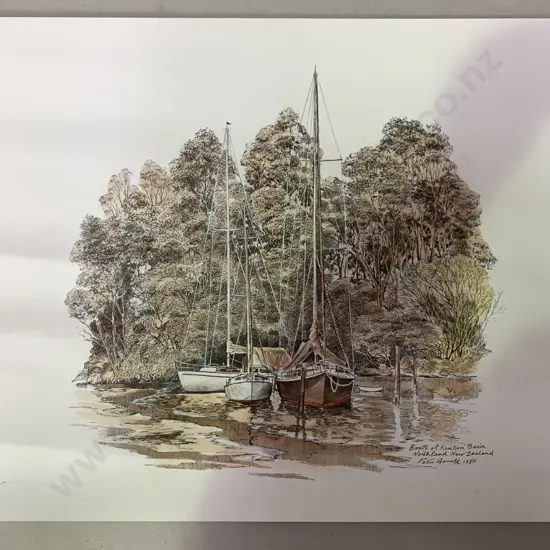 Boats At Keri Keri Basin by Peter Arnold 1980, Unframed 33 x 46cm